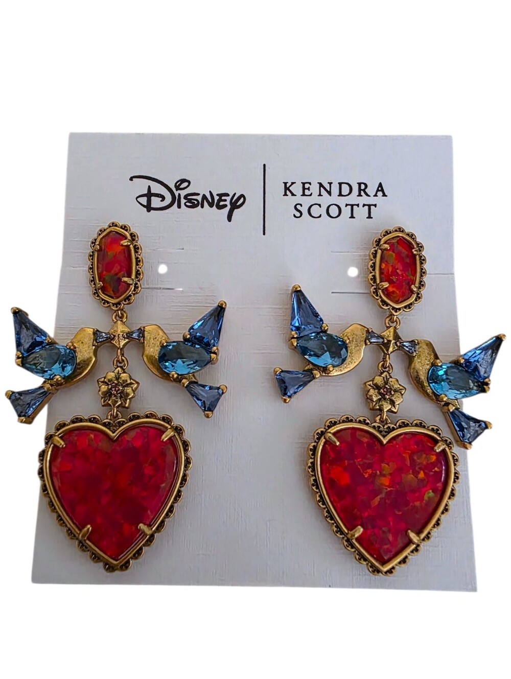 Kendra Scott Disney Snow White Statement Earrings Gold-Tone Red Heart Birds NEW